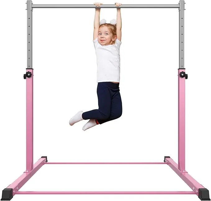 Safly Fun Gymnastics Bar with Mat for Kids Ages 3-15 for Home - Steady Steel Construction, Anti-Slip, Easy to Assemble, 3' to 5' Adjustable Height