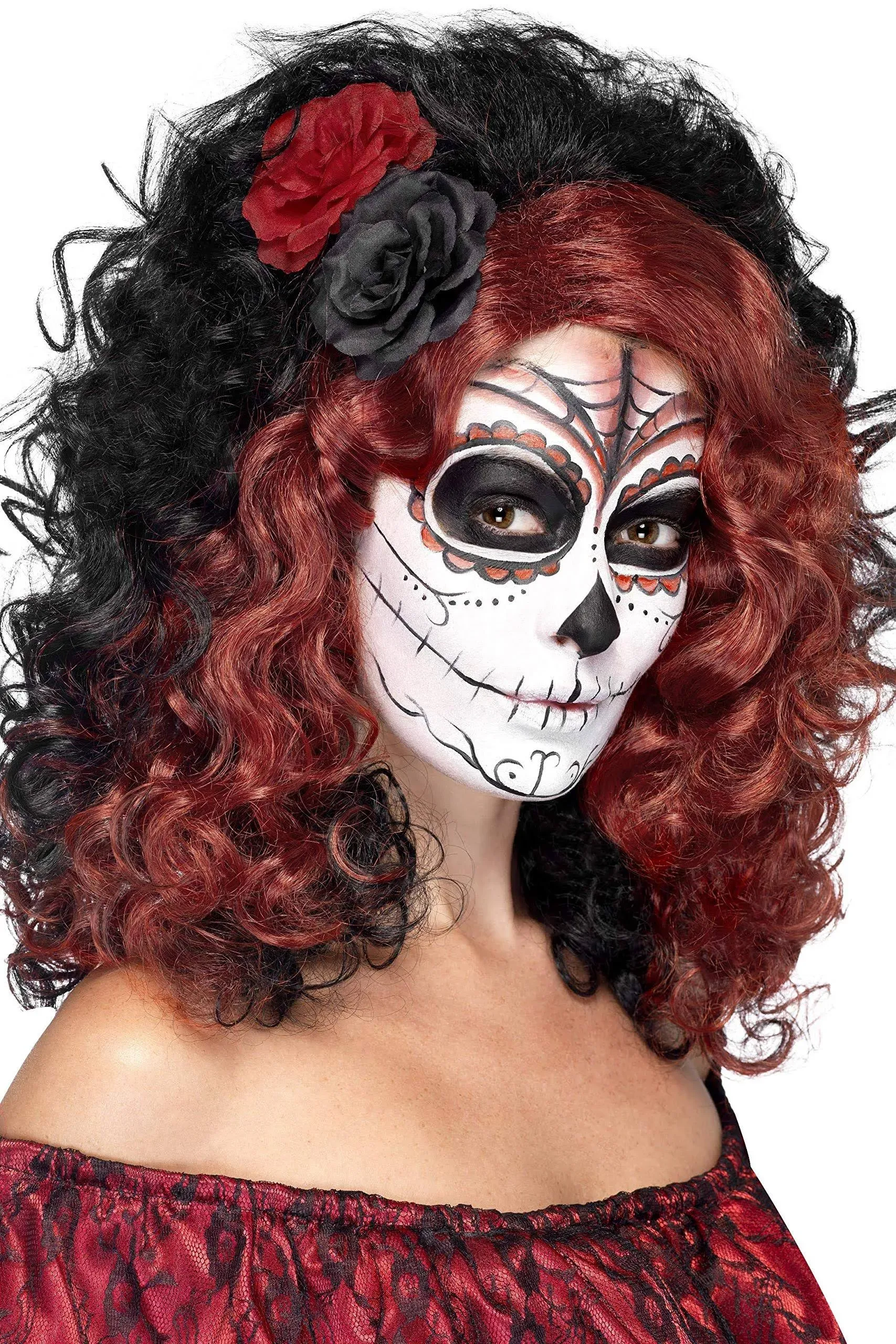 Women Day of the Dead Black Wig 4 Flowers Halloween Costume Fake Hair Dia Muerto