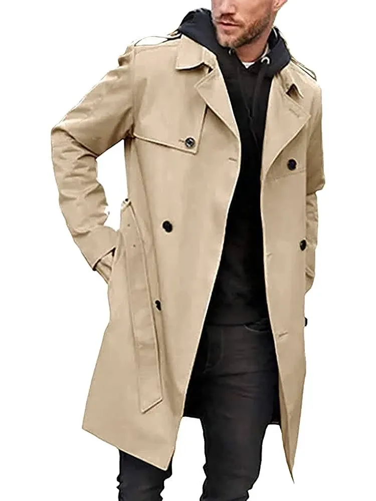 Pretifeel Mens Trench Coat Slim Fit Double Breasted Long Jacket Notched Lapel Be