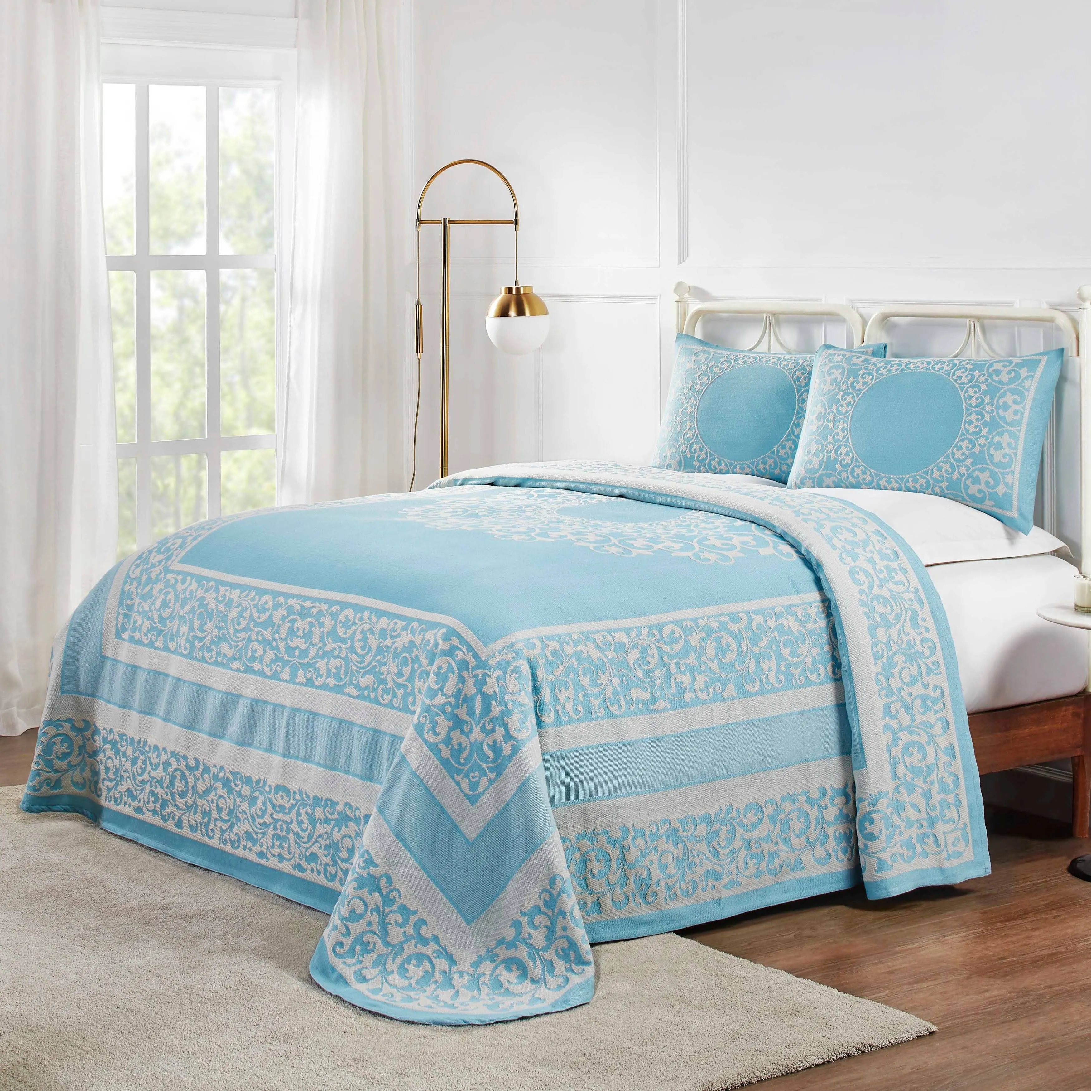 Superior Boho Mandala Cotton Blend Woven Jacquard Oversized Bedspread Set Queen Blue in Cerulean