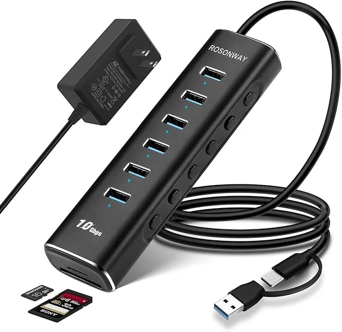 Powered USB Hub, Rosonway 8-Port USB 3.2/USB C Hub with 6 USB 3.2 Ports 10Gbps, SD/TF Card Readers, 3.3ft Long Cable and 12V/2A Power Adapter, Aluminum USB Port Expander for Laptop and PC, RSH-A107D