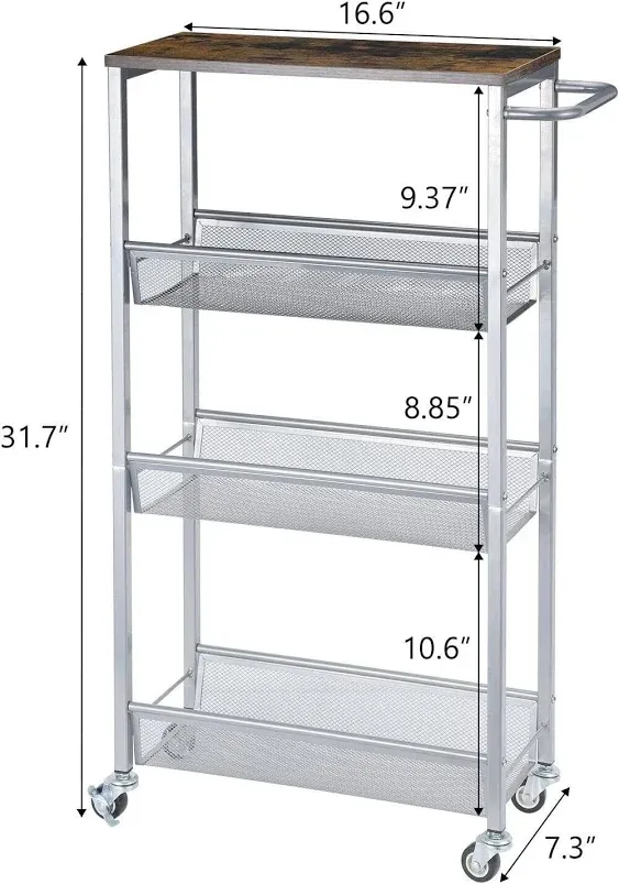 4 Tier Storage Cart, Narrow Shelving Unit Slide Out Rolling Cart with Wooden Top