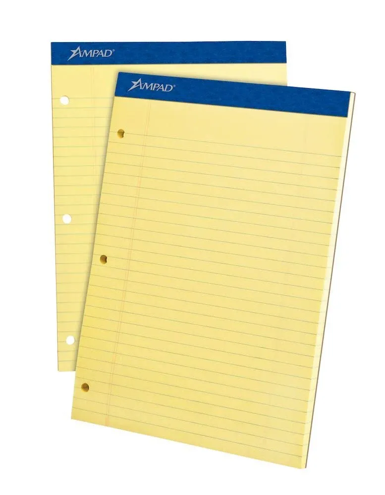 Ampad® Double Sheet Pads, Wide/Legal Rule, 100 Canary-Yellow 8.5 x 11.75 Sheets (TOP20243)