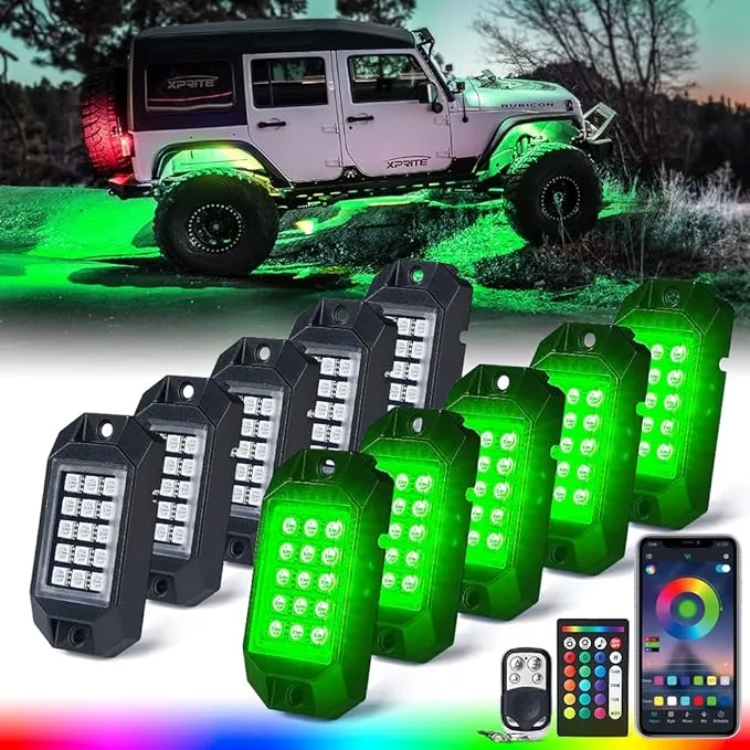 Xprite RGB Bluetooth Rock Lights Kit, Multicolor Neon Lighting Cars Underglow Footwell Wheel Well Light Pods, w/RF Remote Controller for Off-Road, Trucks, UTV, ATV, SUV, RZR, Motorcycles, Boat 8 PCS