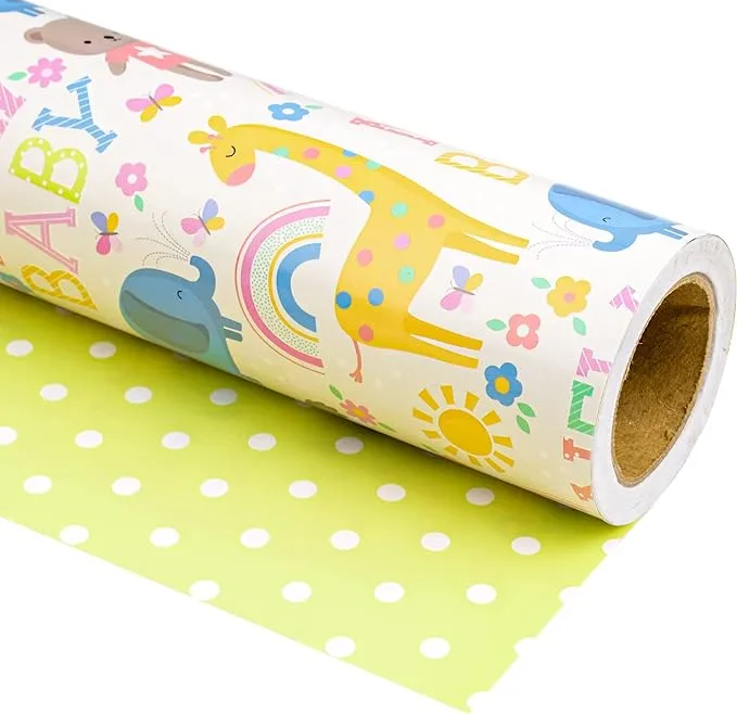 WRAPAHOLIC Reversible Baby Shower Wrapping Paper - Mini Roll - 17 Inch x 33 Feet - Animals & New Baby Design for Neutral Baby Shower, Boys Girls Kids Birthday