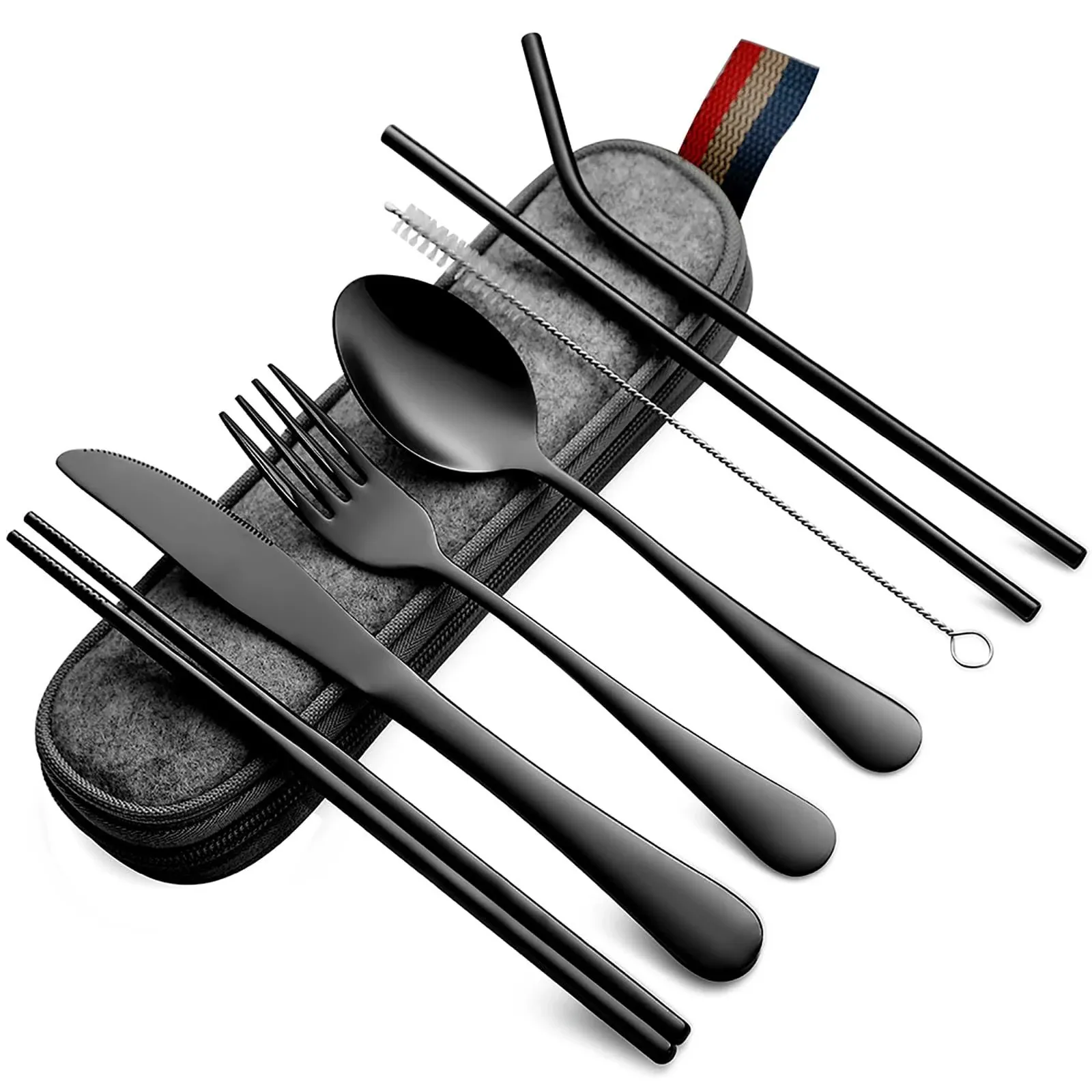 DEVICO Portable Utensils, Travel Camping Cutlery Set, 8-Piece including Knife Fork Spoon Chopsticks Cleaning Brush Straws Portable Case, Stainless Steel Flatware set (Black)