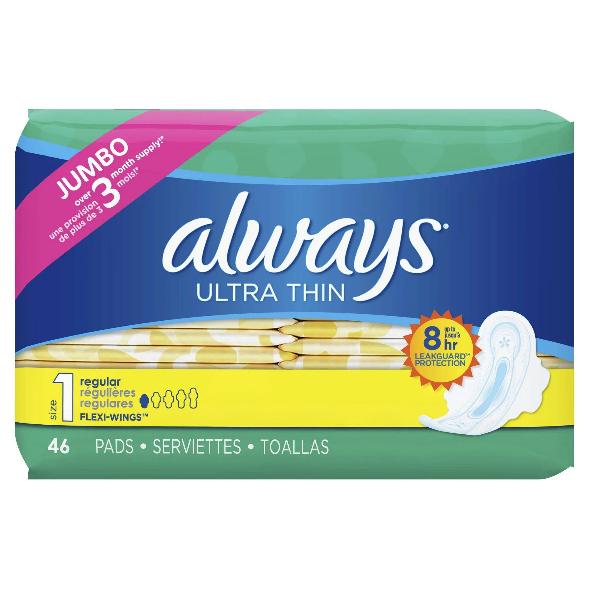 Always Ultra Thin Pads with Wings Unscented, Regular - 46 ea