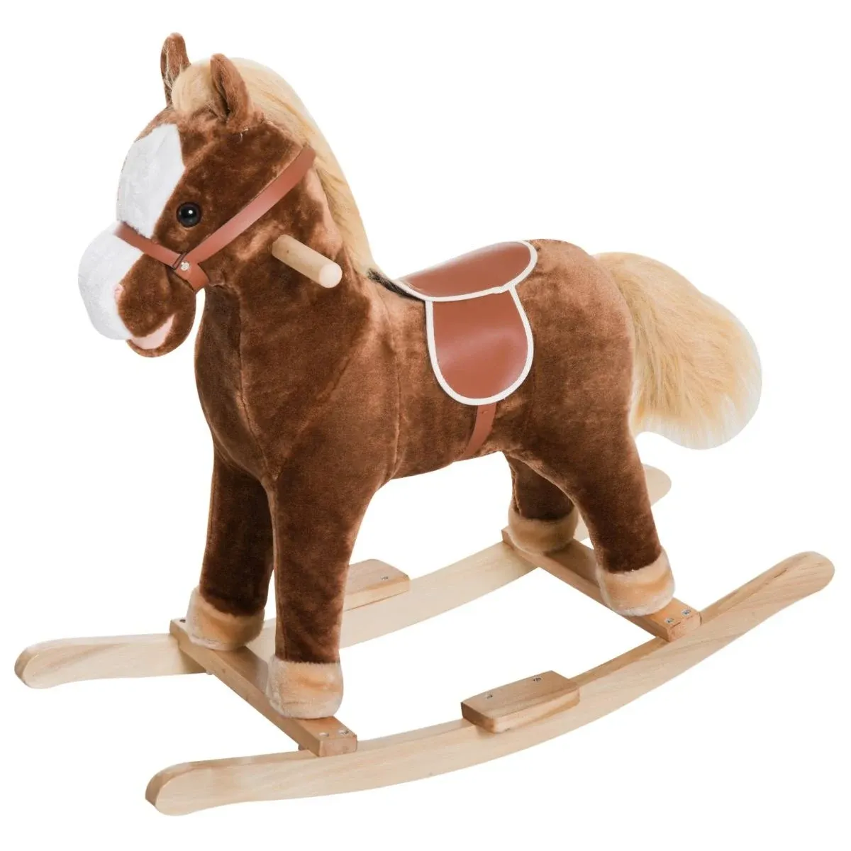 Qaba Rocking Horse Plush Animal on Wooden Rockers, Baby Rocking Chair with Sound