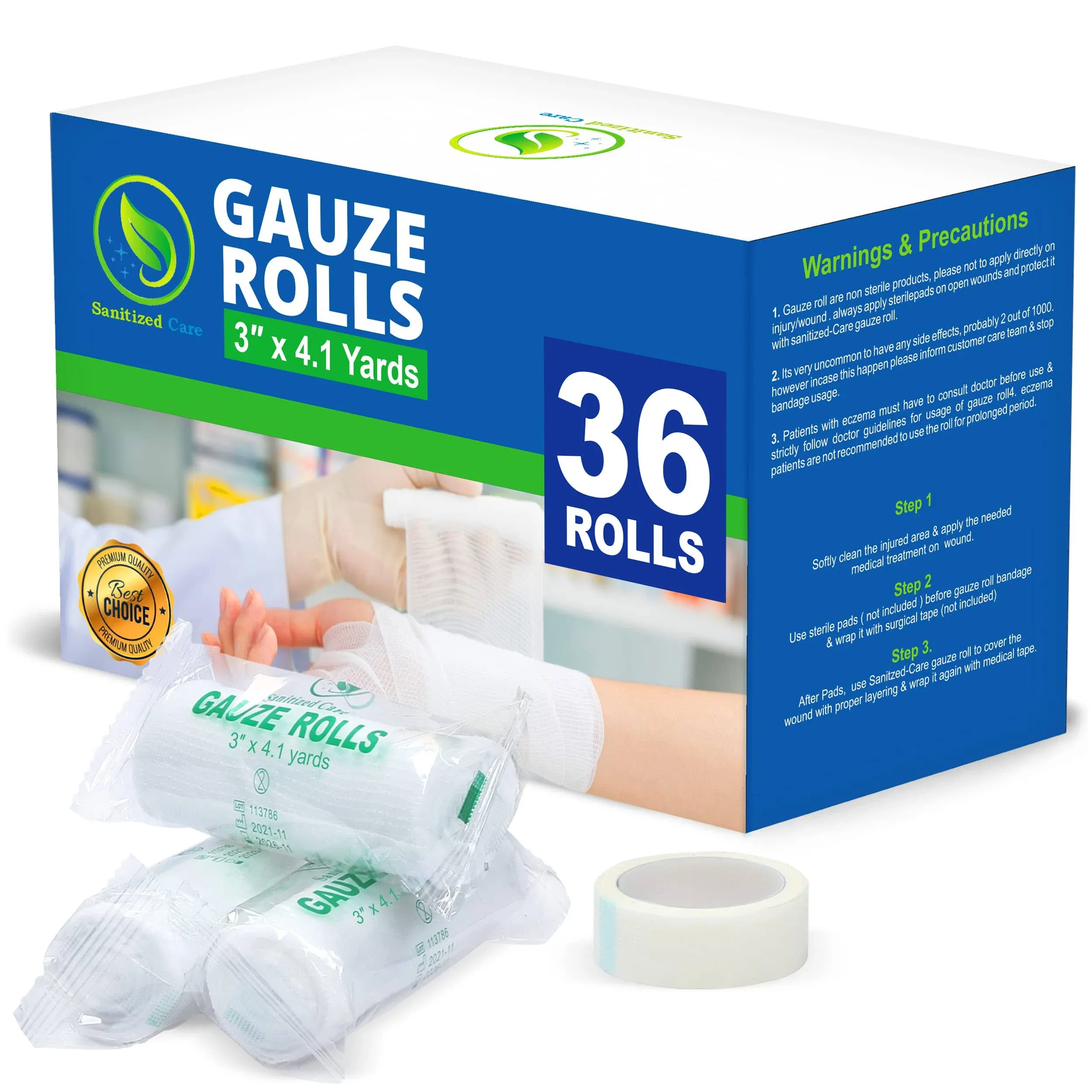 Gauze Rolls Individually Wrapped Pack of 36, 3 Inches x 4.1 Yards, Premium Quality Conforming Bandages with Bonus Medical Tape