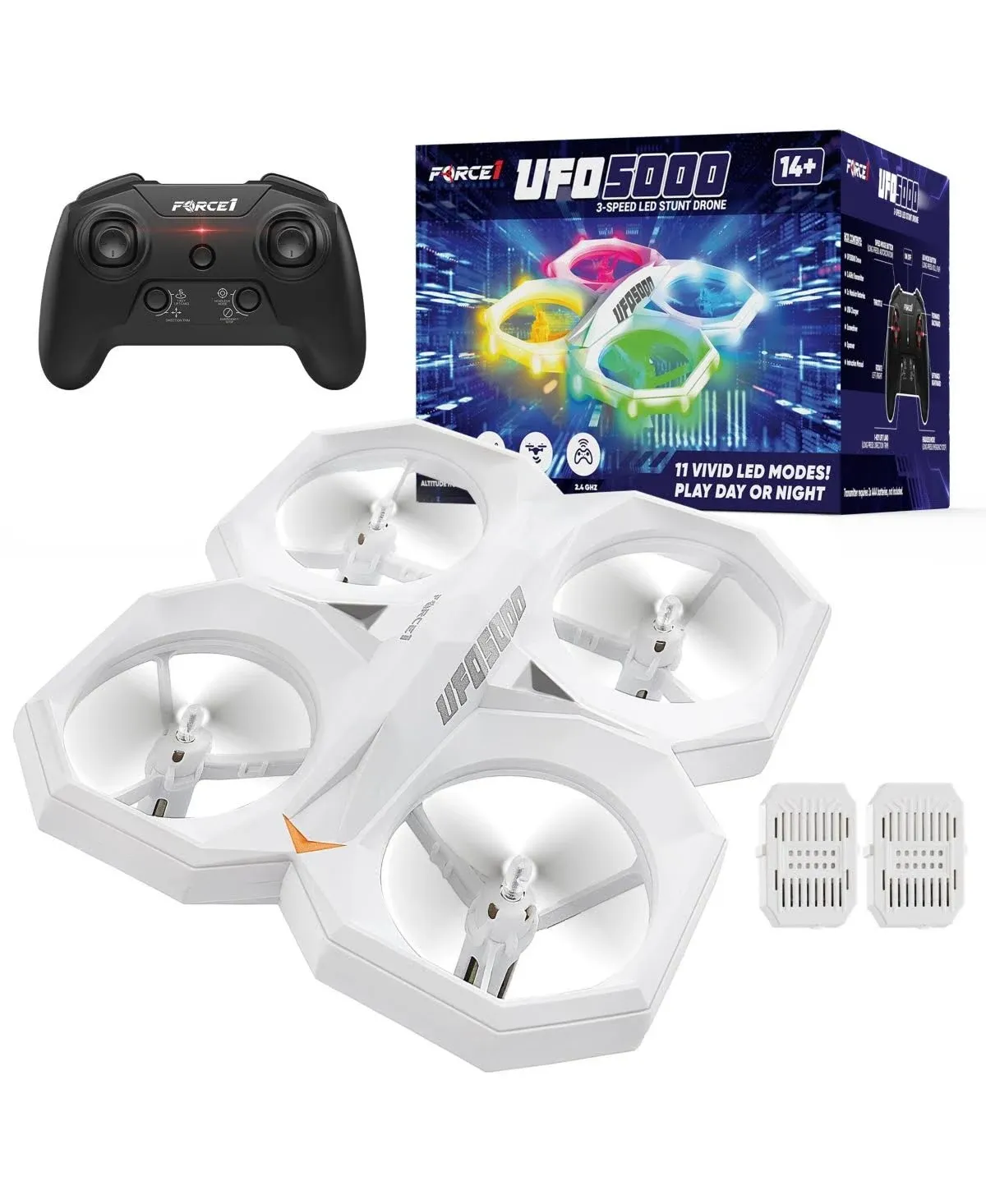 Force1 UFO 5000 Mini Drone for Kids - LED Remote Control Drone Flying Toy, Small RC Quadcopter for Beginners with Leds, 2.4 GHz Remote Control, 360 Flips, 11 LED Modes, 3 Speeds, 2 UFO Drone Batteries