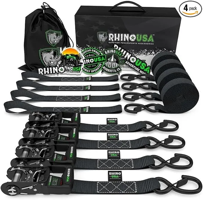 RHINO USA Juego de correas de trinquete, resistencia a la rotura de 5,208 lbs - Incluye (4) lazos de trinquete resistentes con asas acolchadas y