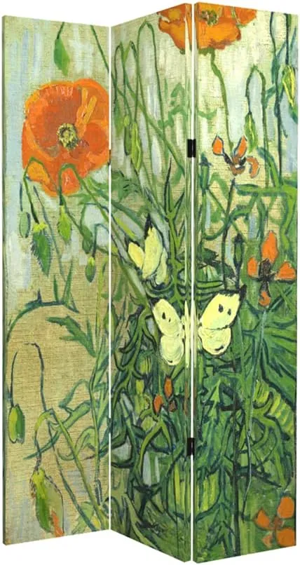 HOZUSO Room Divider Wood Privacy Screens Van Gogh's Butterflies and Poppies Painting Canvas 3-Panel Foldable Portable Separating Divider Room