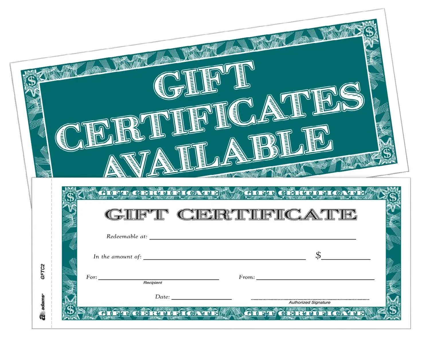 Adams Gift Certificate Book, Carbonless, Single Paper, 3.4 x 8 Inches, White, 2-Part, 25 Numbered Certificates (GFTC2)