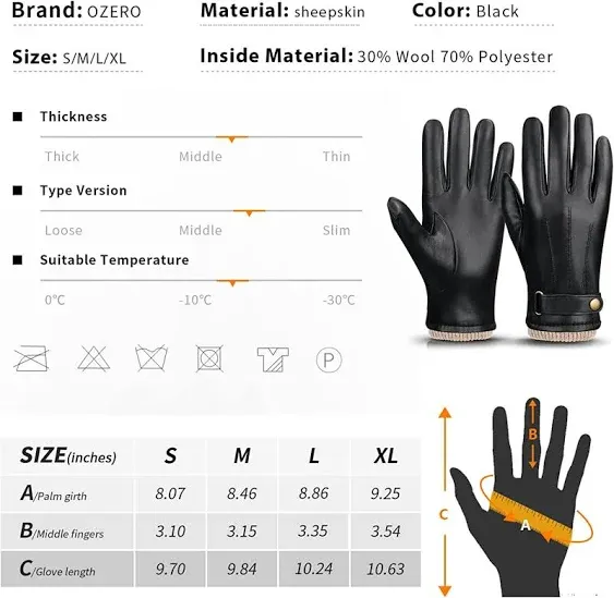 OZERO Mens Winter Gloves Nappa Leather Warm Cashmere Touchscreen Dress Glove - Thermal Gifts for Dad or Husband