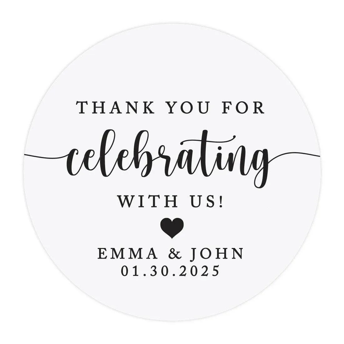 Andaz Press 2" Round Clear Personalized Wedding Sticker Labels Custom Script Thank You For Celebrating With Us Sticker, Vinyl Personalized Stickers For Wedding Favors, Thank You Stickers, Bulk 40-Pack