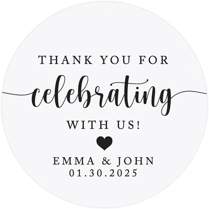 Andaz Press 2" Round Clear Personalized Wedding Sticker Labels Custom Script Thank You For Celebrating With Us Sticker, Vinyl Personalized Stickers For Wedding Favors, Thank You Stickers, Bulk 40-Pack