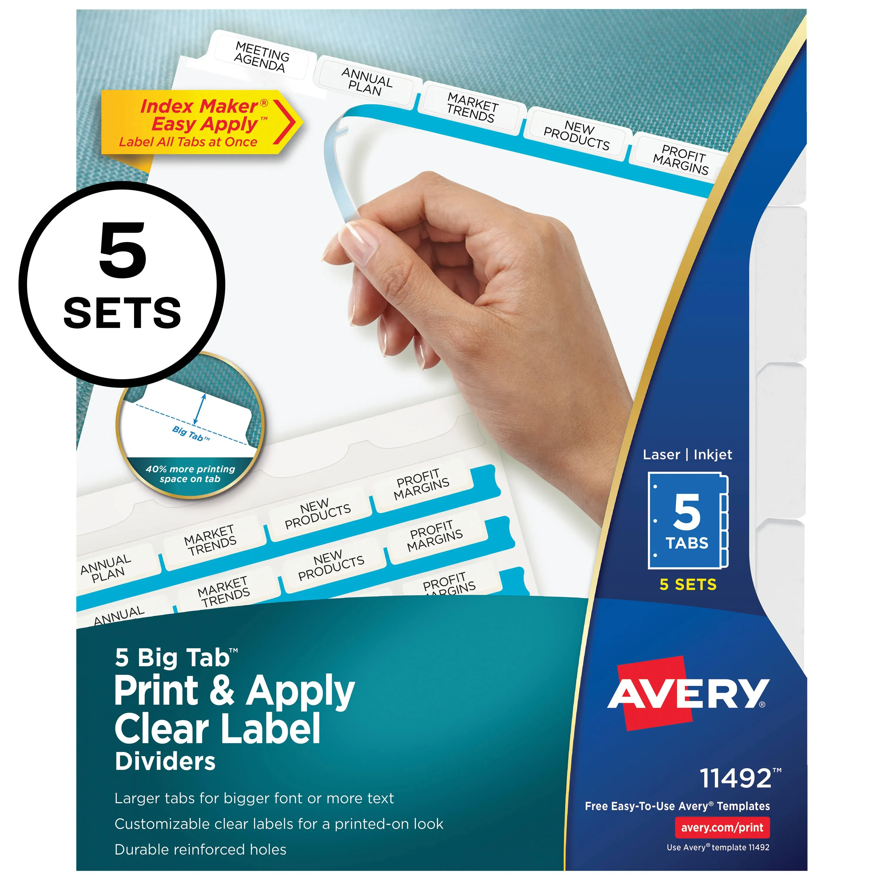 Avery Big Tab Print & Apply Clear Label Dividers, Index Maker Easy Apply Printable Label Strip, 5 White Tabs, 5 Sets (11492)