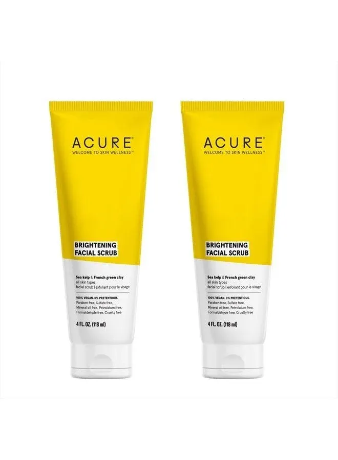 Acure Brightening Facial Scrub Duo Pack - 4 Fl Oz Each - 2 Pack - All Skin Types, Sea Kelp & French Green Clay - Softens, Detoxifies and Cleanses