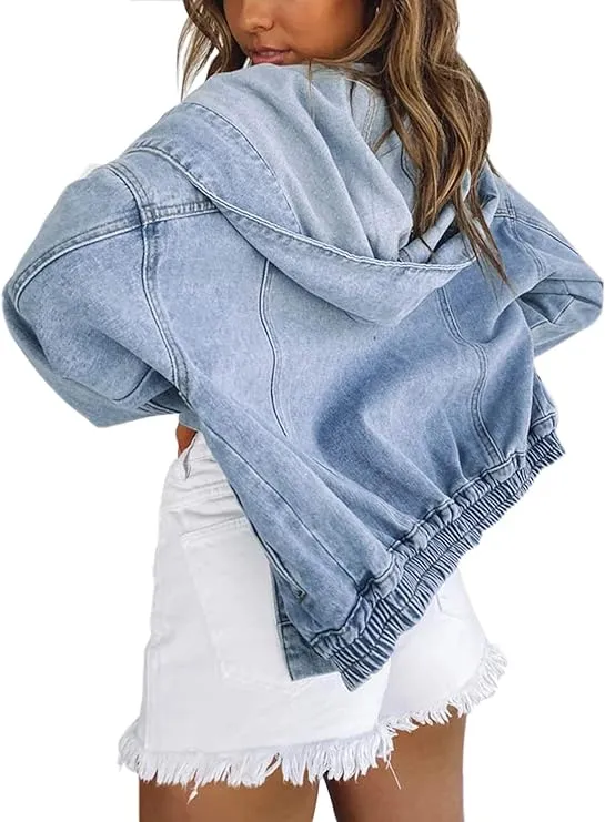 Deslimale Jean Jacket Women Oversized Black Denim Jacket (S, Light Blue Washed)