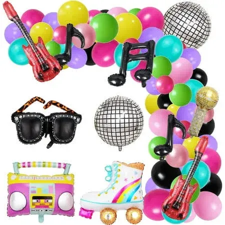 80s 90s Party Decorations Bundle Radio Boom Box,139PCS Roller Skate 4D Disco Foil Balloons Retro Mobile Phone Guitar Microphone Balloons Garland Arch Kit Hip Hop Disco Fever Birthday Party Decoration