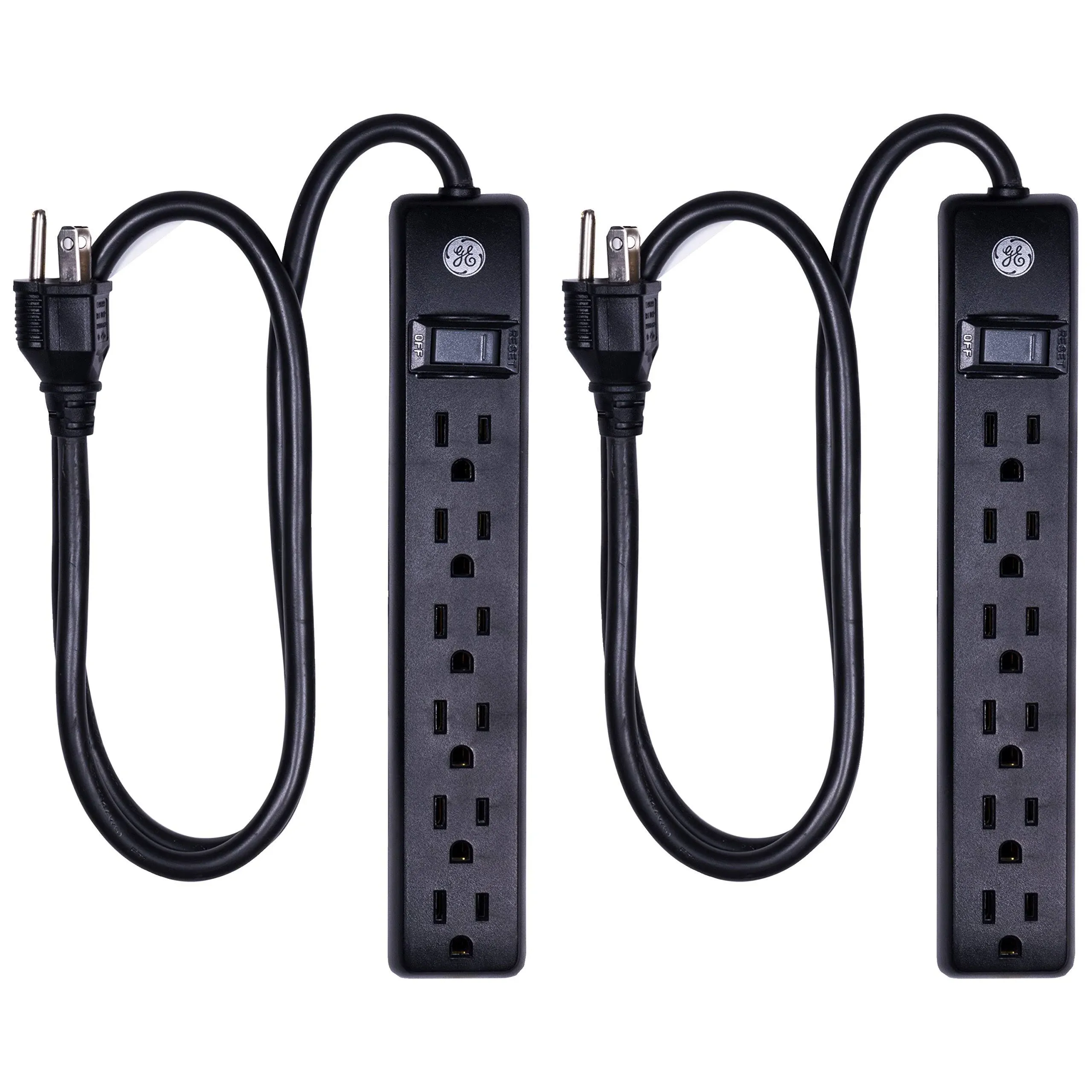 GE 6-Outlet Surge Protector, 3ft. Extension Cord, 2-Pack, 83969, Black