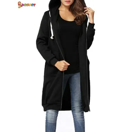 Spencer Women s Plus Size Long Fleece Hooded Coat Winter Warm Casual Pockets Jacket Zip Up Hoodies Sweatshirt Parka Overcoat 5XL Black