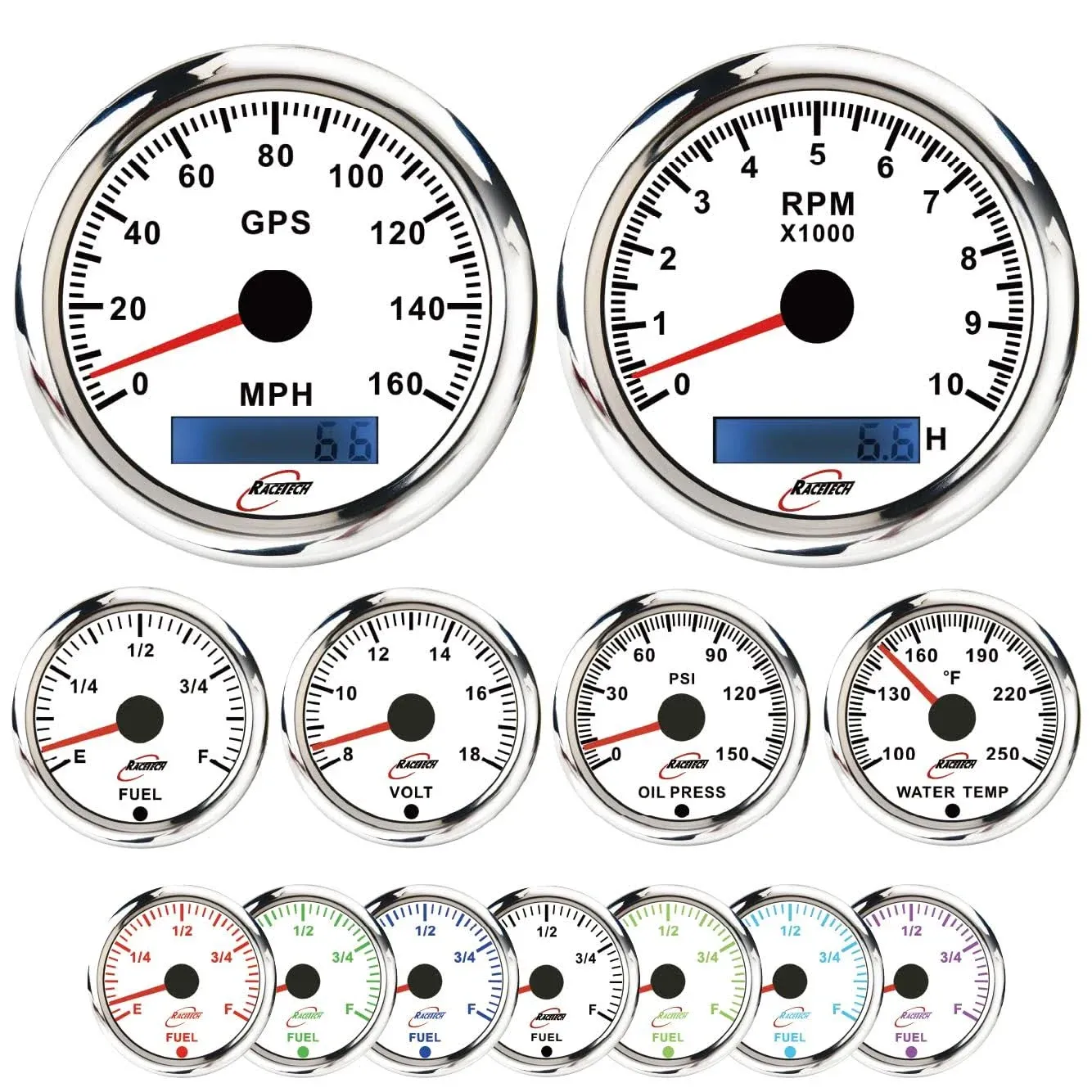 RACETECH 6 Gauge Set 7Color LED White Dial with Tunning Signal 0~120MPH+8000 RPM