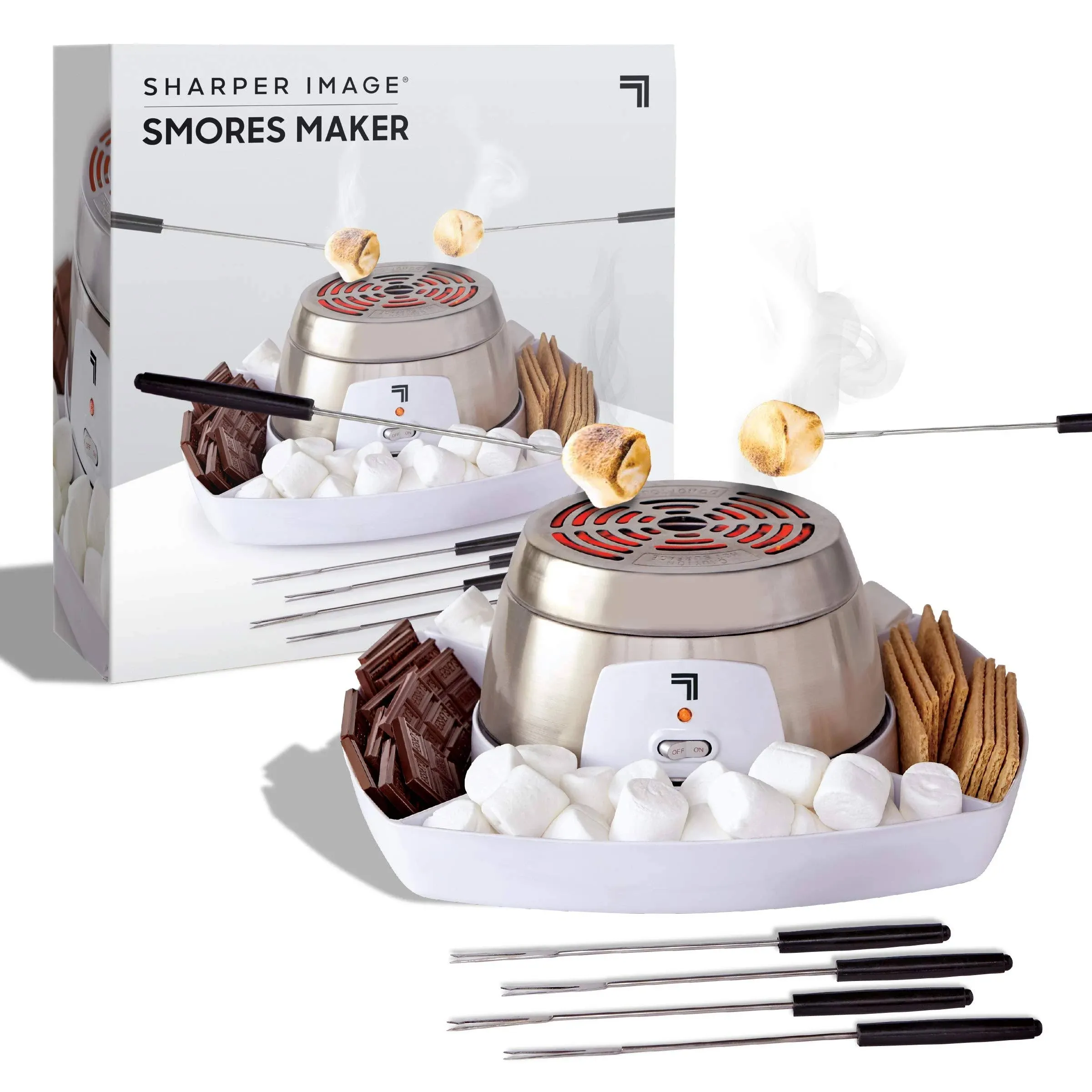 SHARPER IMAGE Electric Tabletop S'mores Maker for Indoors, 6-Piece Set, Includes 4 Skewers & 4 Serving Compartments, Easy Cleaning & Storage, Tabletop Marshmallow Roaster, Family Fun For Kids Adults