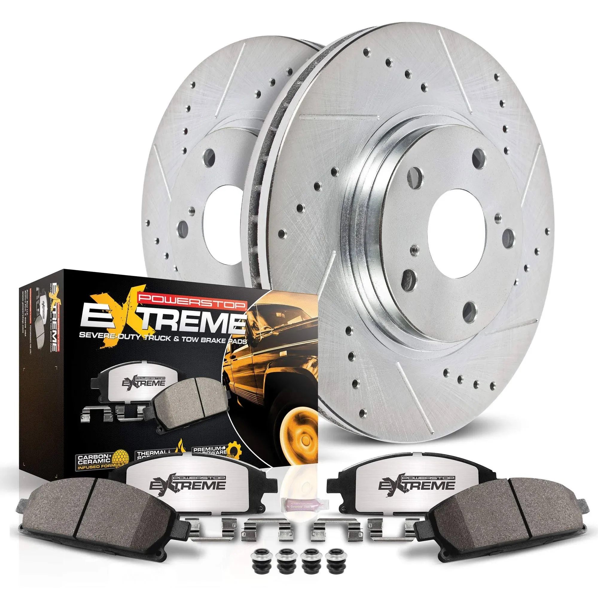 Power Stop Rear K8431-36 Carbon-Fiber Ceramic Brake Pad with Drilled and Slotted Rotor Kit Z36 Truck and Tow