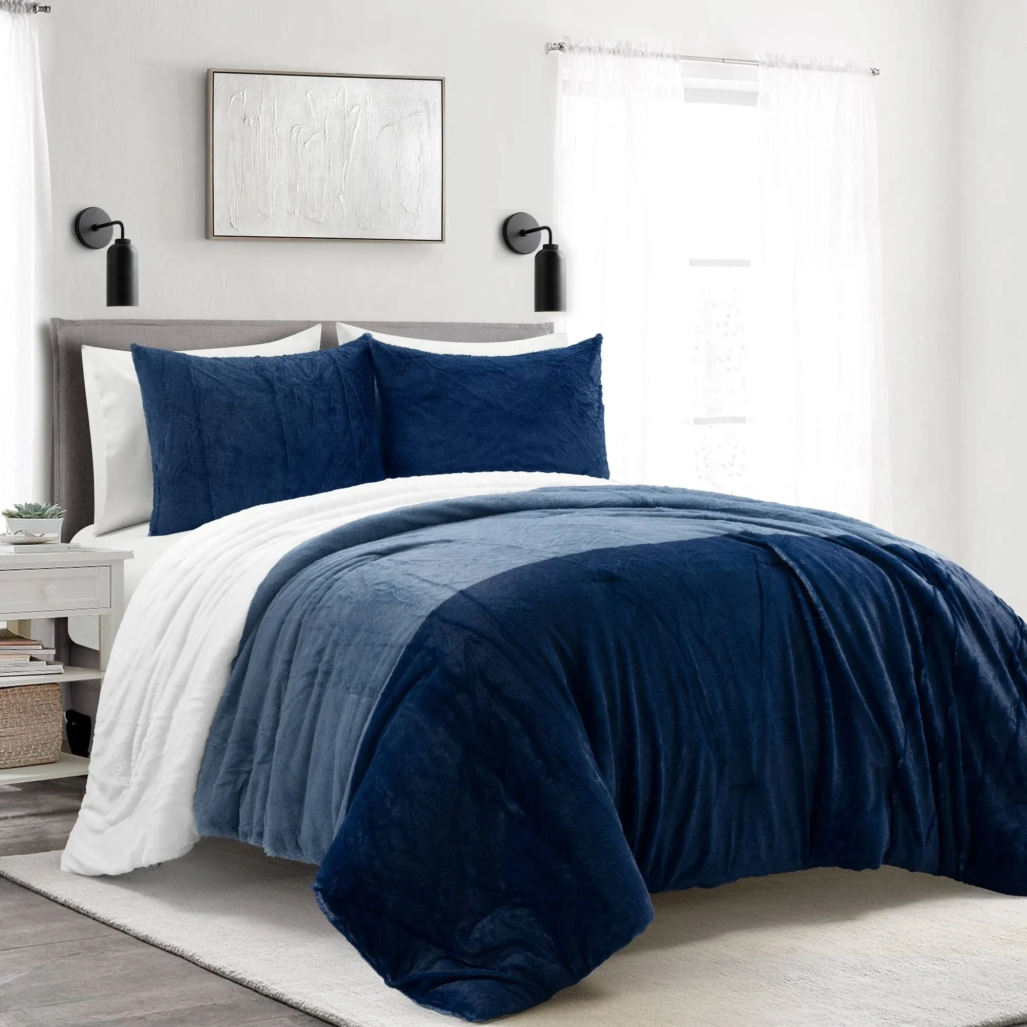 Lush Decor Farmhouse Color Block Faux Fur Comforter Set