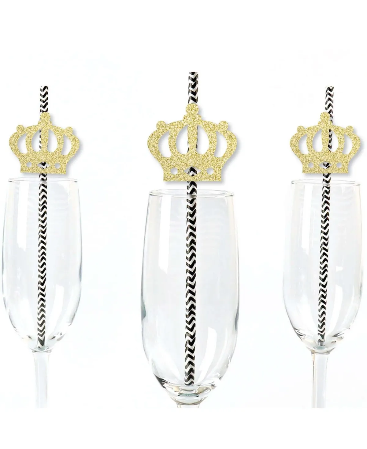 Gold Glitter Prince Crown Straws - No-Mess Cut-Outs & Paper Straws - Set of 24