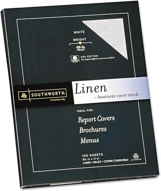 Southworth Paper, White, 8.5" x 11", Fine Linen Cover Stock - 100 count