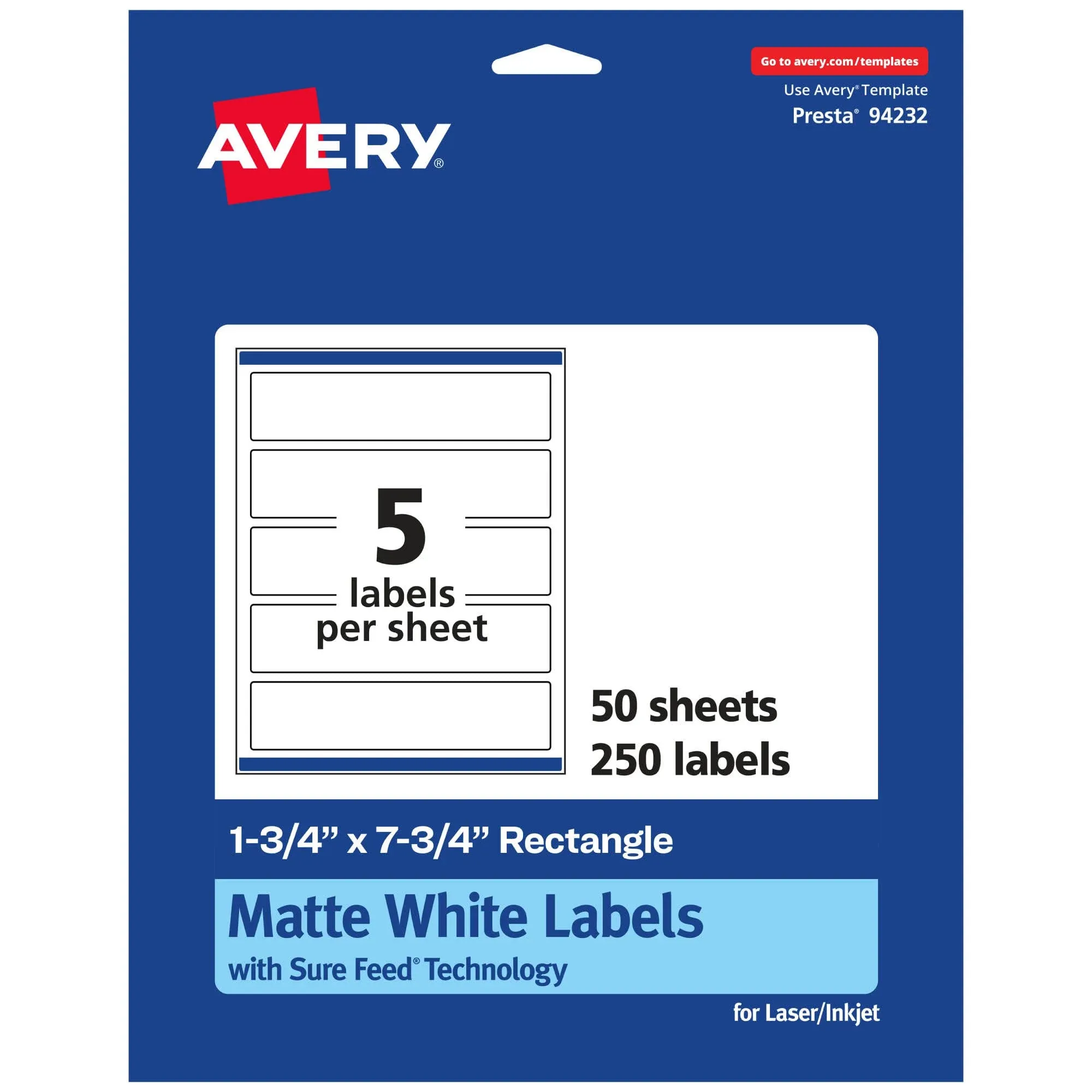 Avery Matte White Rectangle Labels, 1.75" x 7.75", 250 Labels