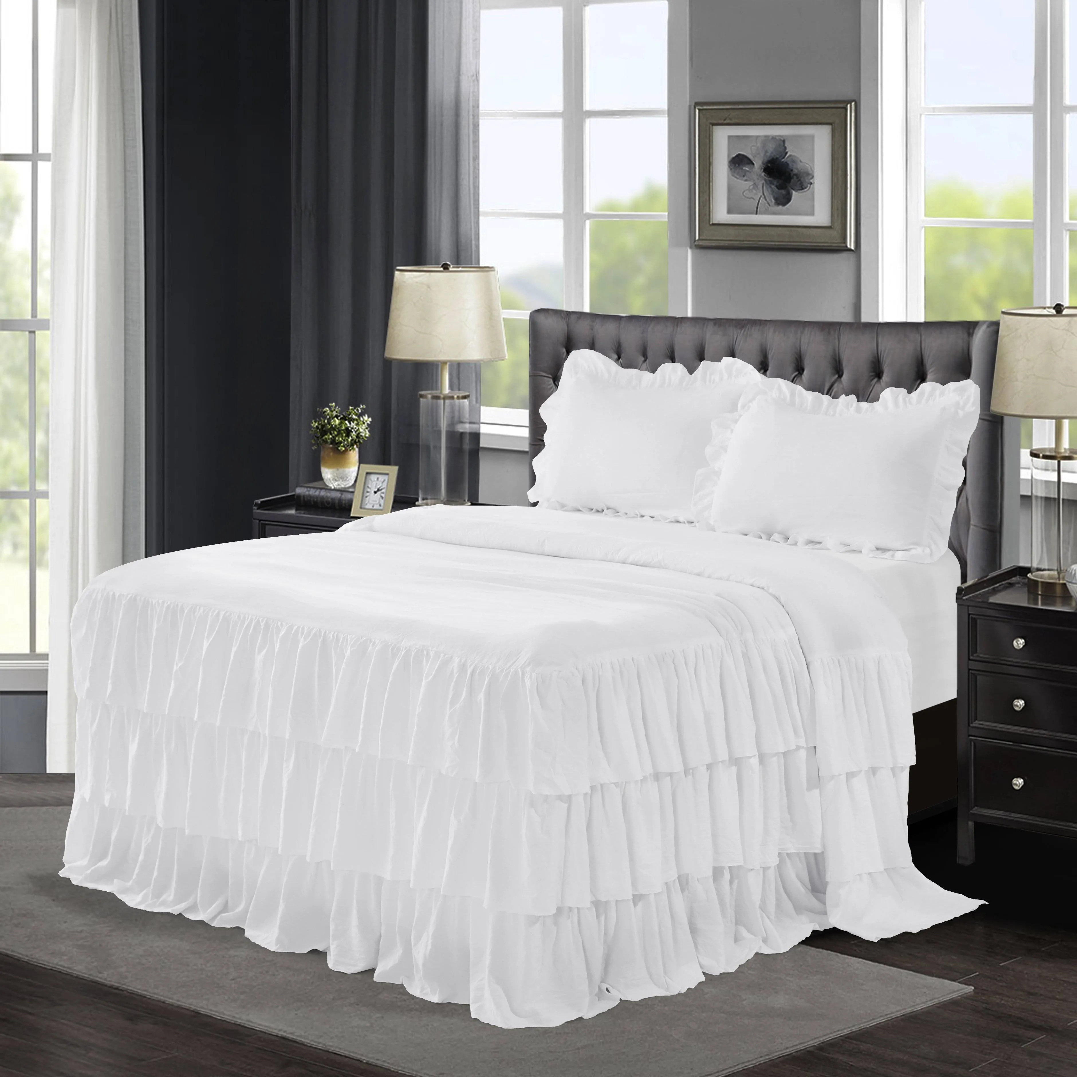 HIG 3 Piece Ruffle Skirt Bedspread Set King - White 30 inches Drop Ruffled Style