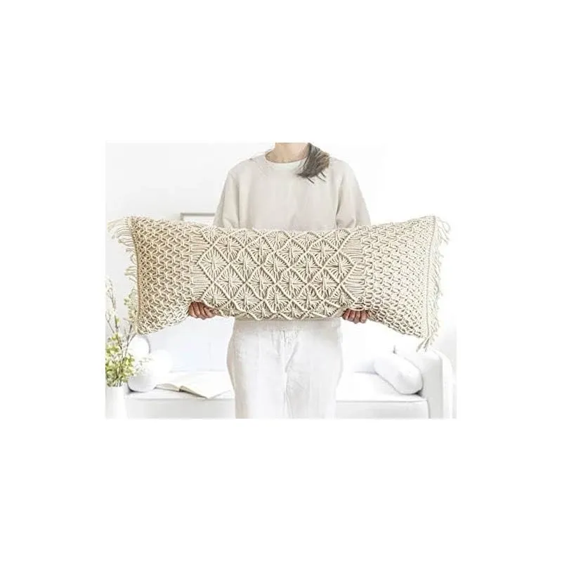 BlissBlush Cream Beige Lumbar Pillow Cover 14x36, Farmhouse Body Lumbar Pillow C