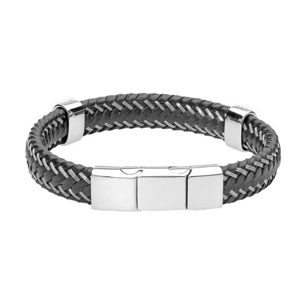 Mens LYNX Stainless Steel & Braided Leather Bracelet