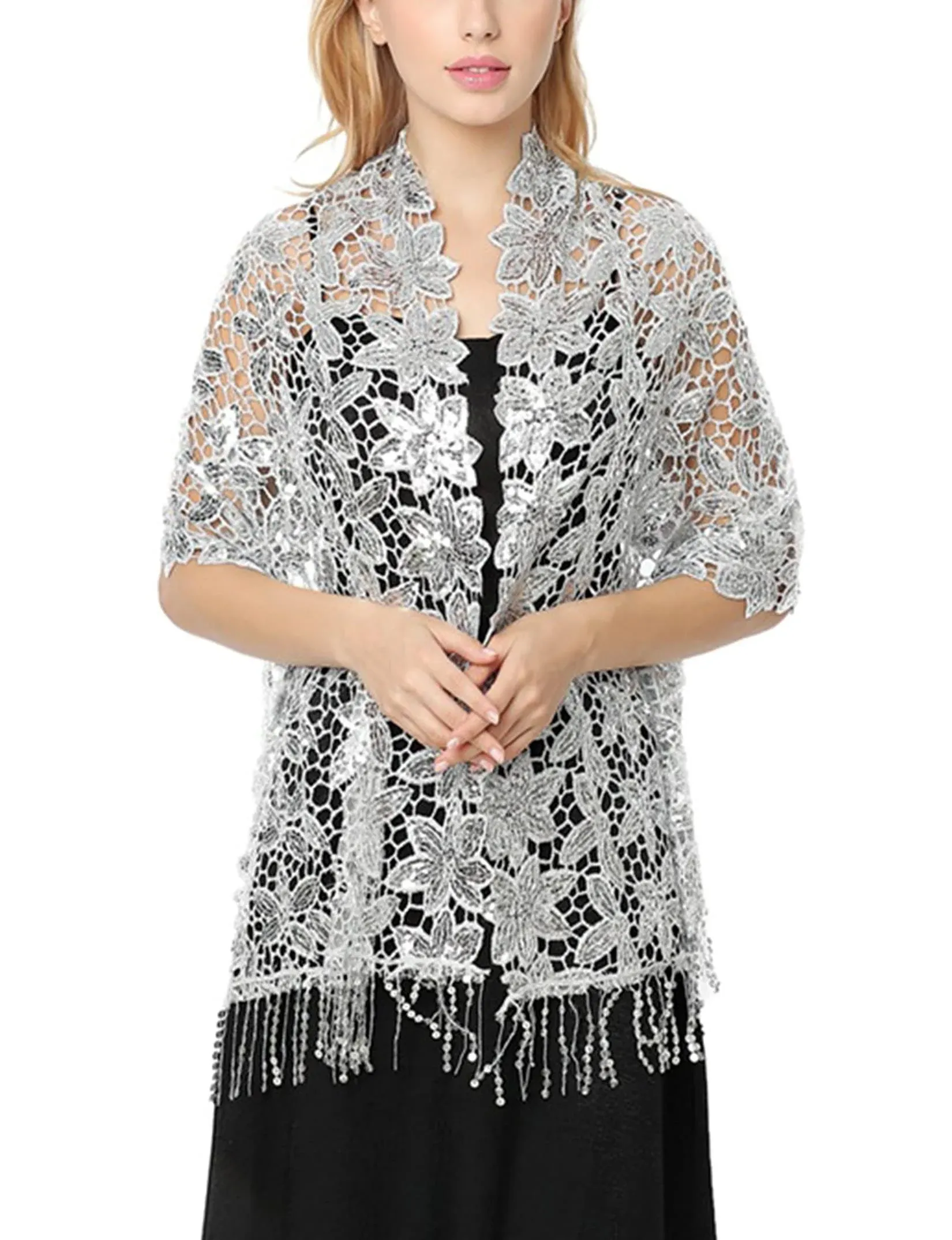 Aomesinc Elegant Tassel Sequin Shawl Wraps for Women, Flower Pattern Shawls and ...