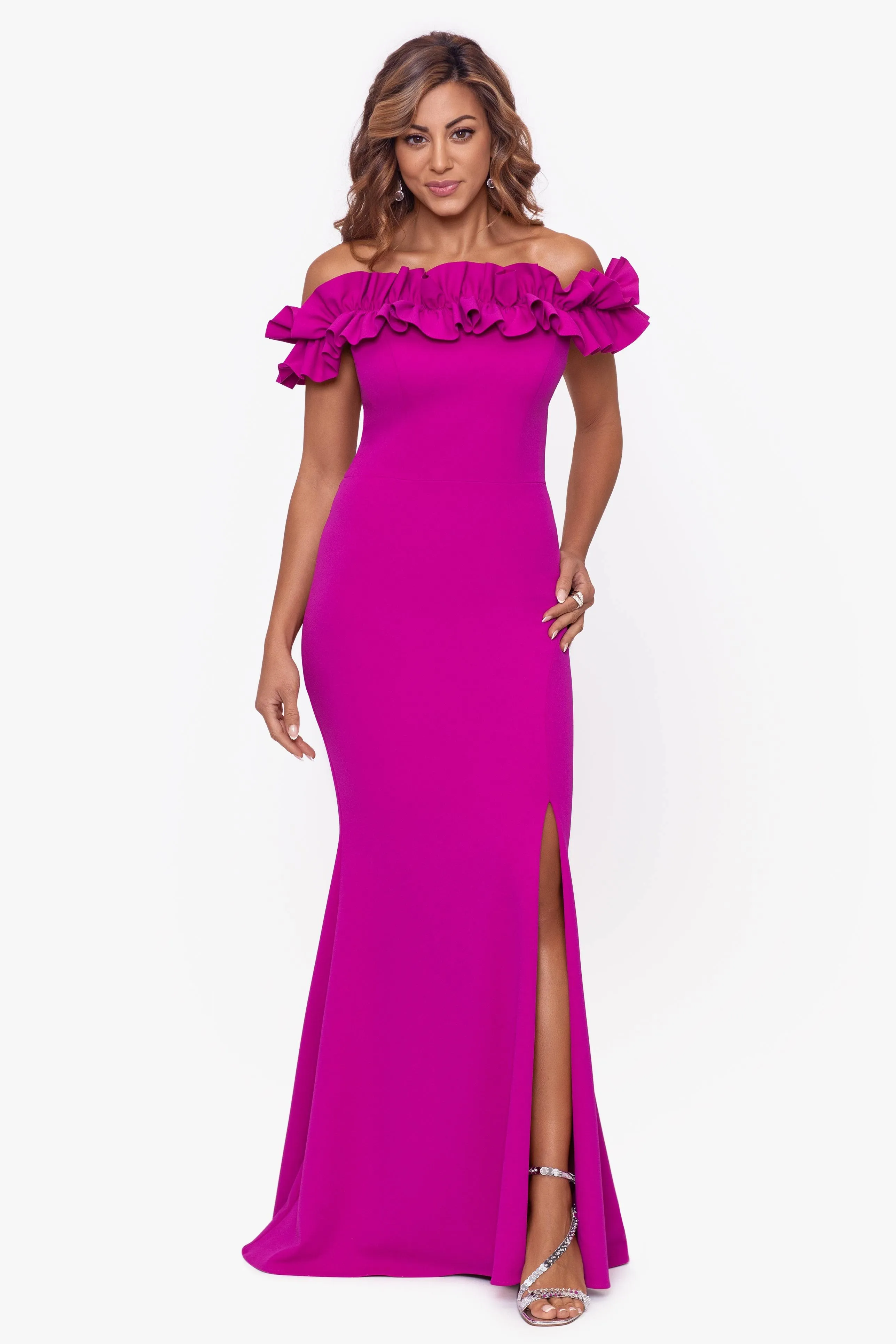 Xscape Women's Long Crepe Over-The-Shoulder Ruffle Gown