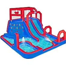 Sunny & Fun Mega Climb N’ Go Inflatable Water Slide Park – Heavy-Duty for Outdoor Fun - Climbing Wall, 2 Slides, Splash & Deep Pool – Easy to Set Up & Inflate with Included Air Pump & Carrying Case