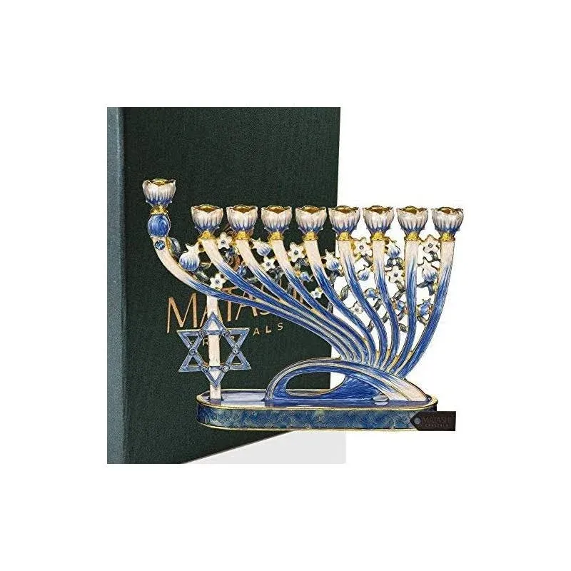 Hand Painted Blue Enamel Menorah Candelabra With Star of David