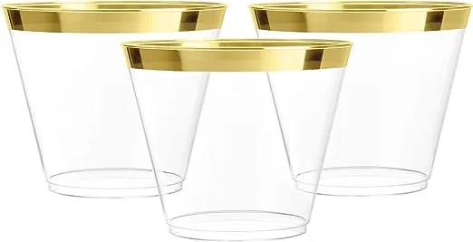 Prestee 100 Disposable Plastic Cups for Wine Clear 9oz Cups (Gold)