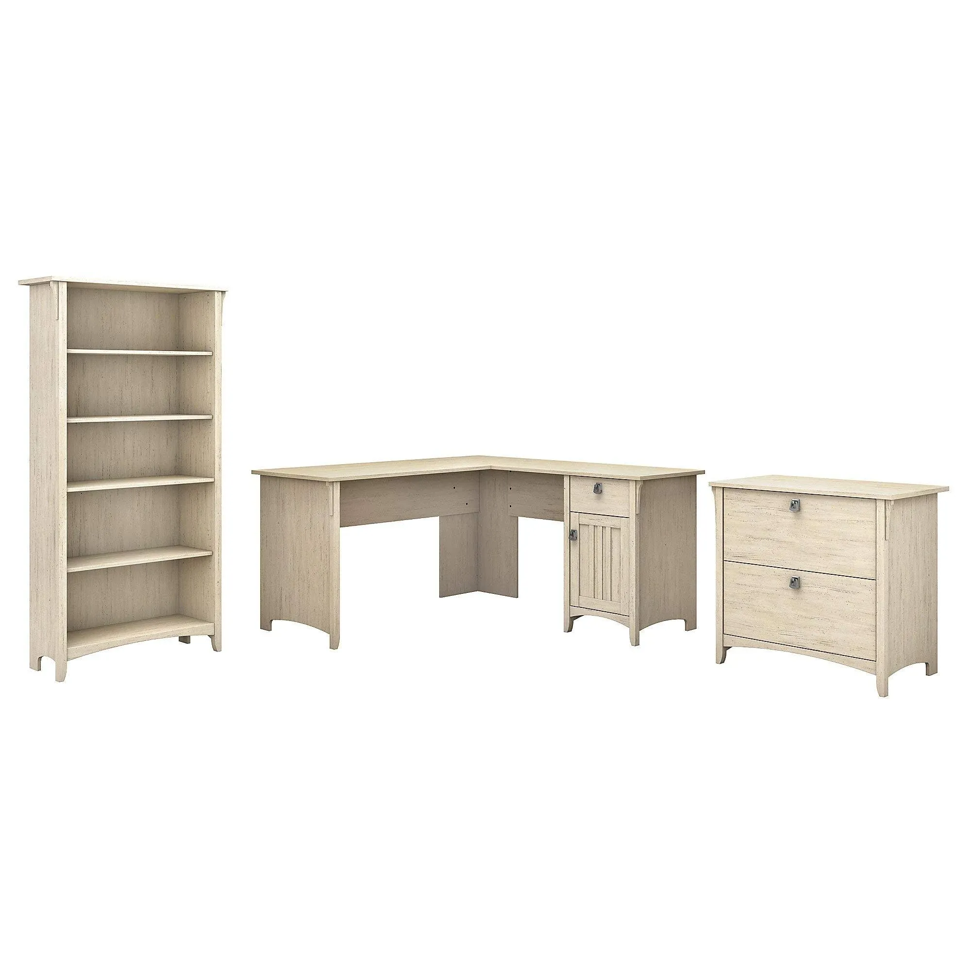 Bush Furniture - Salinas 60W L Shaped Desk with Lateral File Cabinet and Bookcase in Antique White - SAL003AW