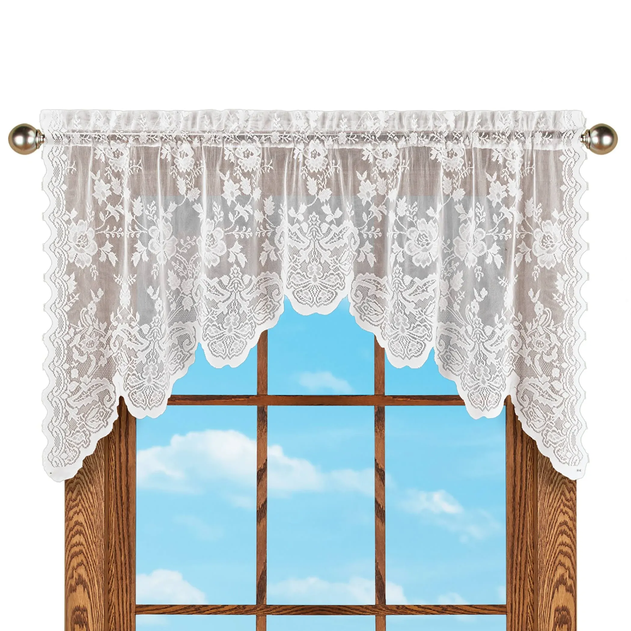 Lace Rose Pattern Rod Pocket Top Window Curtains