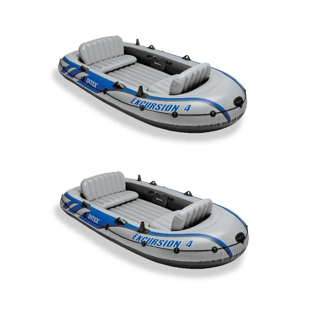 Intex 68324EP Excursion 4 Person Inflatable Rafting and Fishing Boat Set with 2 Oars, Pump, and Bag, Gray/Blue