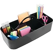 mDesign Large Plastic Divided Office Storage Organizer Caddy Tote with Handle for Cabinet, Desk, Workspace - Holds Desktop Supplies, Pens, Pencils, Markers, Staplers - Lumiere Collection - Black