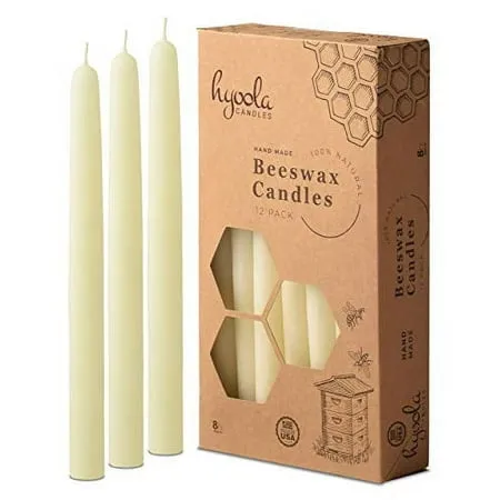 8" Beeswax Taper Candles 12 Pack - Handmade, All Natural, 100% Pure Unscented Bee Wax Candle - Tall, Decorative, White - 8 Hour Burn Time