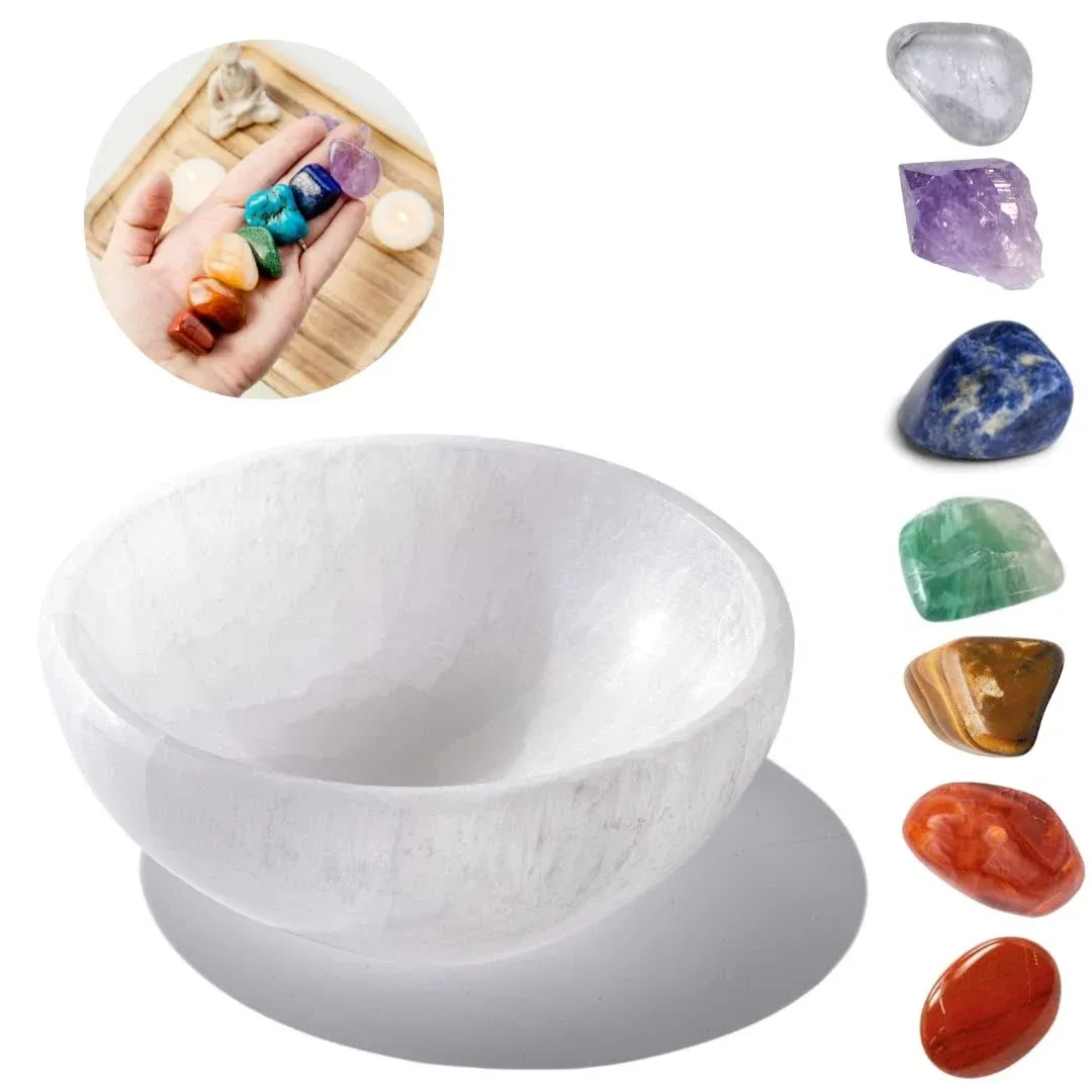 Stemma Selenite Bowl 4 inch Crystals and Healing Stones| 9 Piece Crystal Sets for Beginners Selenite Plate for Charging| Chakra Stones Healing Crystal Decor| Moroccan Selenite