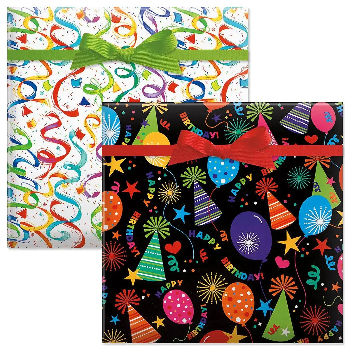 VALUE PACK! Birthday Cupcakes & Happy Birthday Confetti Jumbo Rolled Gift Wrap (Pack of 2, 122 sq. ft. ttl.) Heavyweight, Tear-Resistant