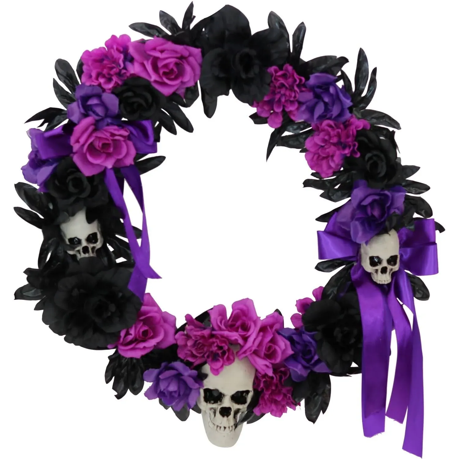 Haunted Hill Farm 1.83-ft. Halloween Wreath with Flowers and Skulls