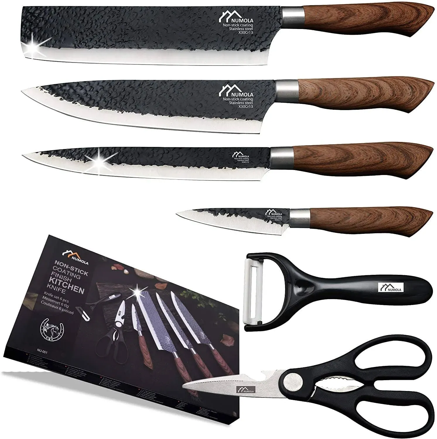 6 Pieces Black Professional Chef Knife Set, BBQ Meat Knives for Cooking, Forg...